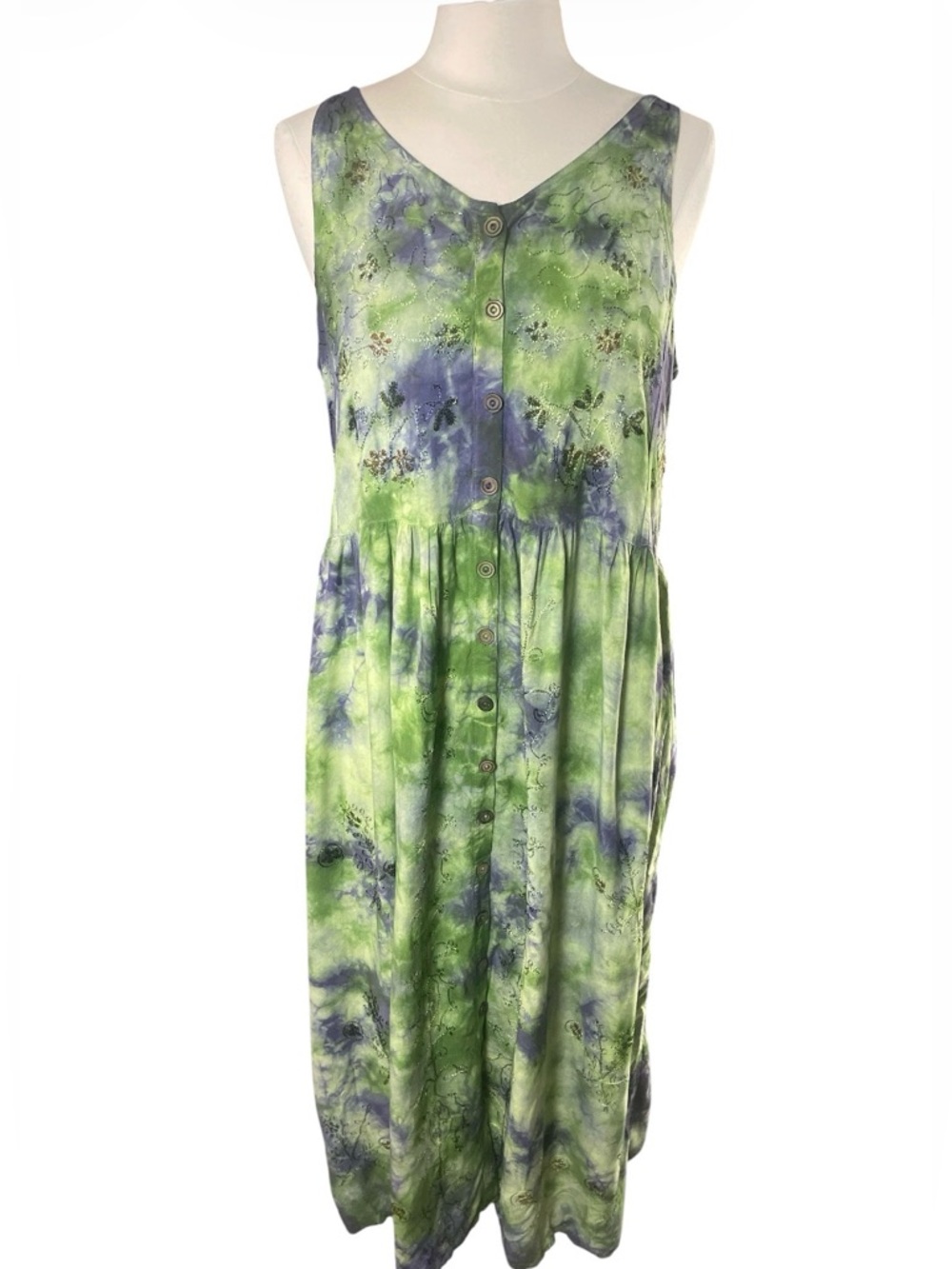 Sleeveless Vintage Tie-Dye Embroidered Button-Front Dress